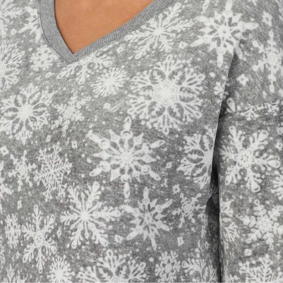 Nautica XL Silver Gray White Snowflake Fleece PJ  V-Neck Top Drawstring Pants - Picture 1 of 13